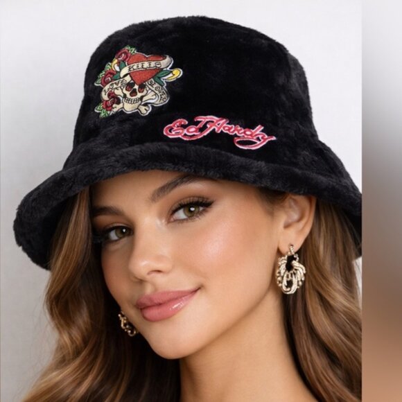 Ed Hardy Bucket Hat O/S Black Faux Fur \